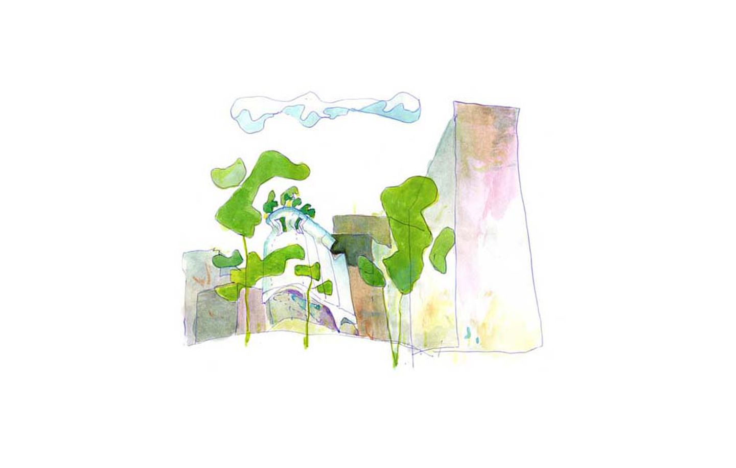 Watercolour concept sketch of office building in Potts Point Sydney designed by Durbach Block Jaggers Architects